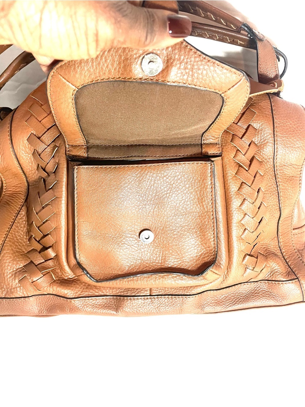 Jessica Simpson Cognac Faux Pebbled Leather Woven Boho Satchel Handbag - Picture 8 of 16